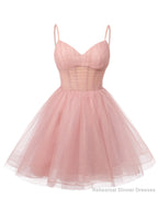 Womens V Neck Tulle Spaghetti Straps Mint Green Homecoming Dresses with Corset Back Short Prom Gowns for Teens