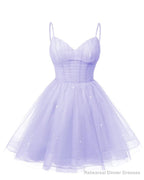 Womens V Neck Tulle Spaghetti Straps Lilac Homecoming Dresses with Corset Back Short Prom Gowns for Teens