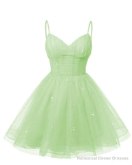 Womens V Neck Tulle Spaghetti Straps Mint Green Homecoming Dresses with Corset Back Short Prom Gowns for Teens