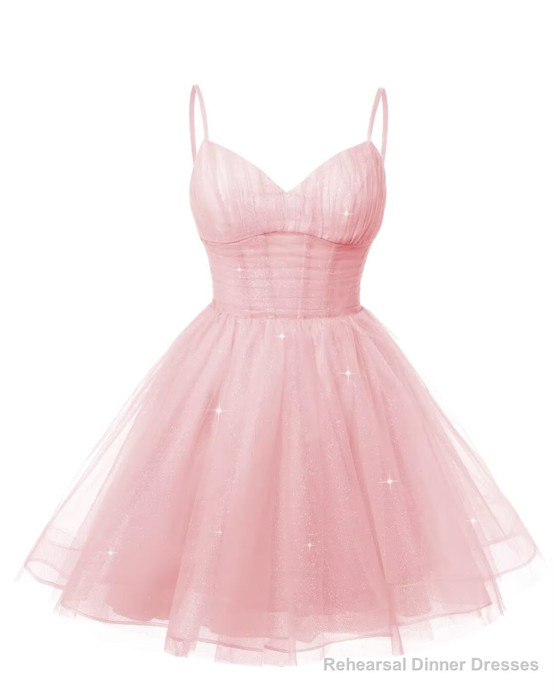 Womens V Neck Tulle Spaghetti Straps Pink Homecoming Dresses with Corset Back Short Prom Gowns for Teens Main image
