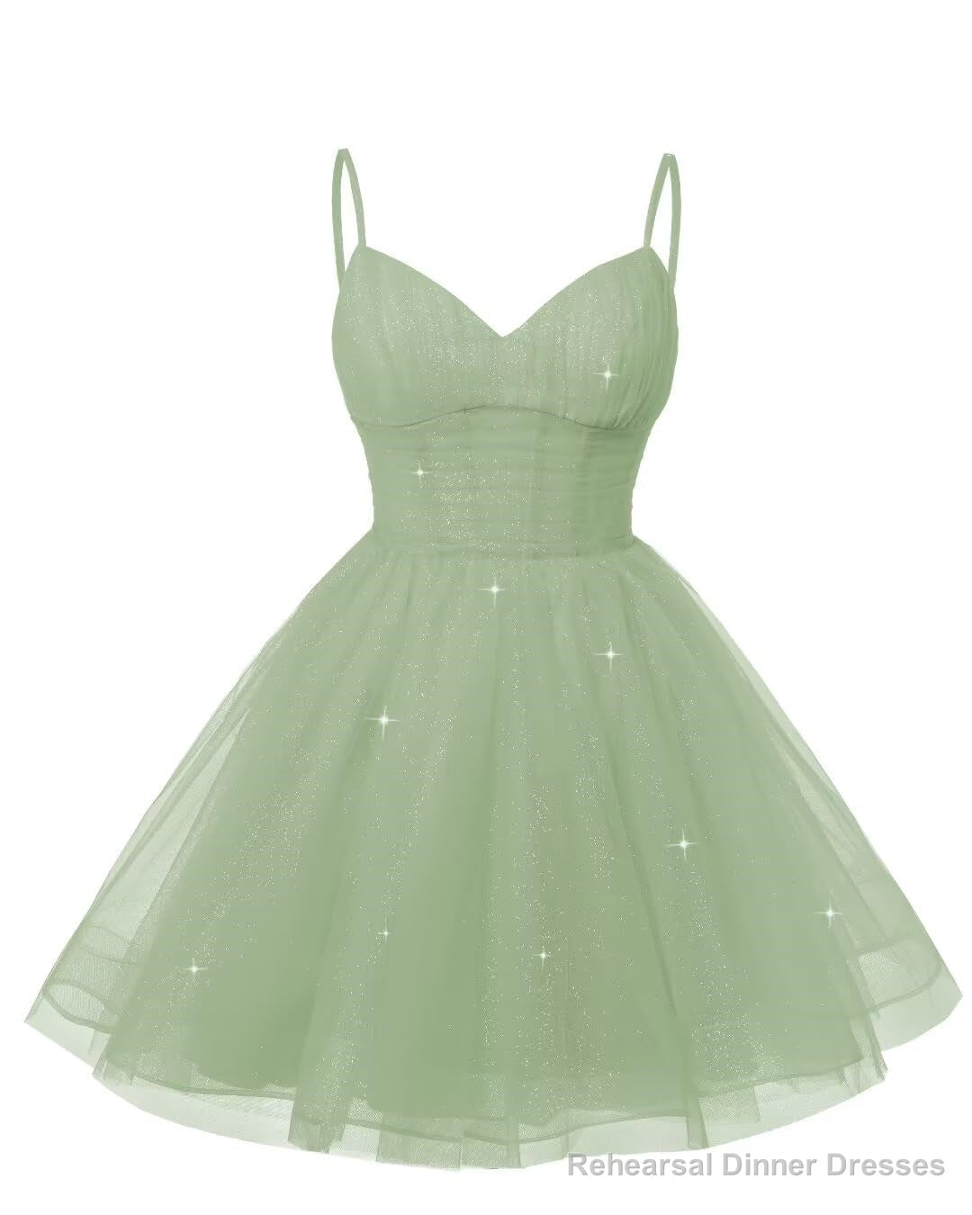 Womens V Neck Tulle Spaghetti Straps Sage Green Homecoming Dresses with Corset Back Short Prom Gowns for Teens Main image