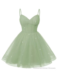 Womens V Neck Tulle Spaghetti Straps Sage Green Homecoming Dresses with Corset Back Short Prom Gowns for Teens