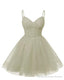Womens V Neck Tulle Spaghetti Straps Silver Homecoming Dresses with Corset Back Short Prom Gowns for Teens