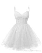 Womens V Neck Tulle Spaghetti Straps White Homecoming Dresses with Corset Back Short Prom Gowns for Teens