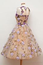 Cute A Line Round Neck Short Tulle Open Back Purple Flowers Homecoming Dresses
