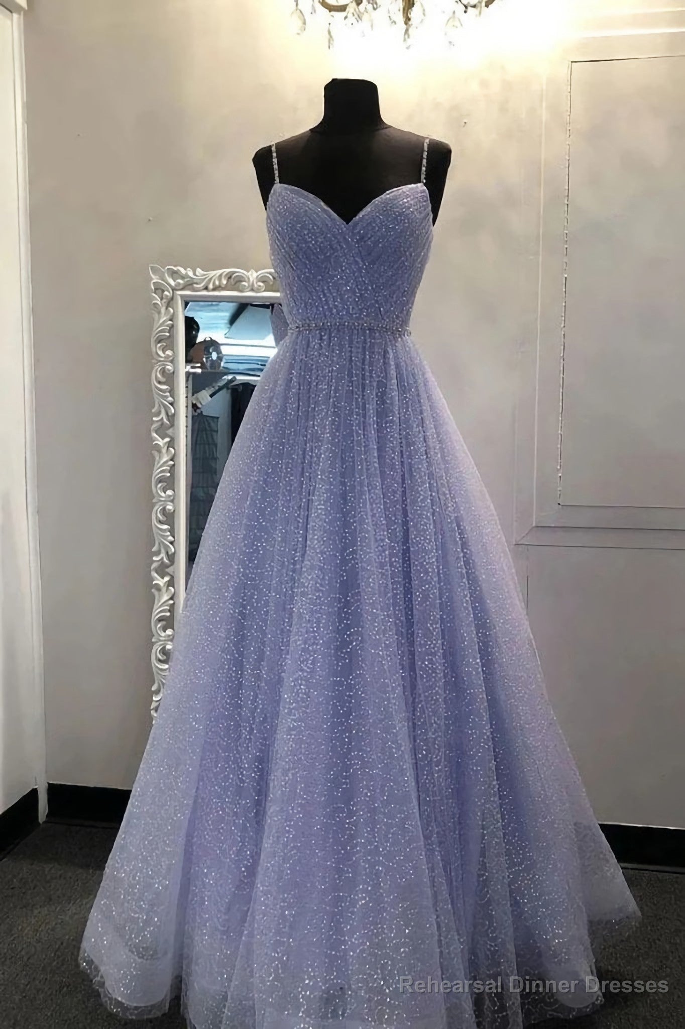 Sparkly A Line Lavender Spaghetti Straps Prom Dresses, Tulle Sweetheart Evening Dresses Main image
