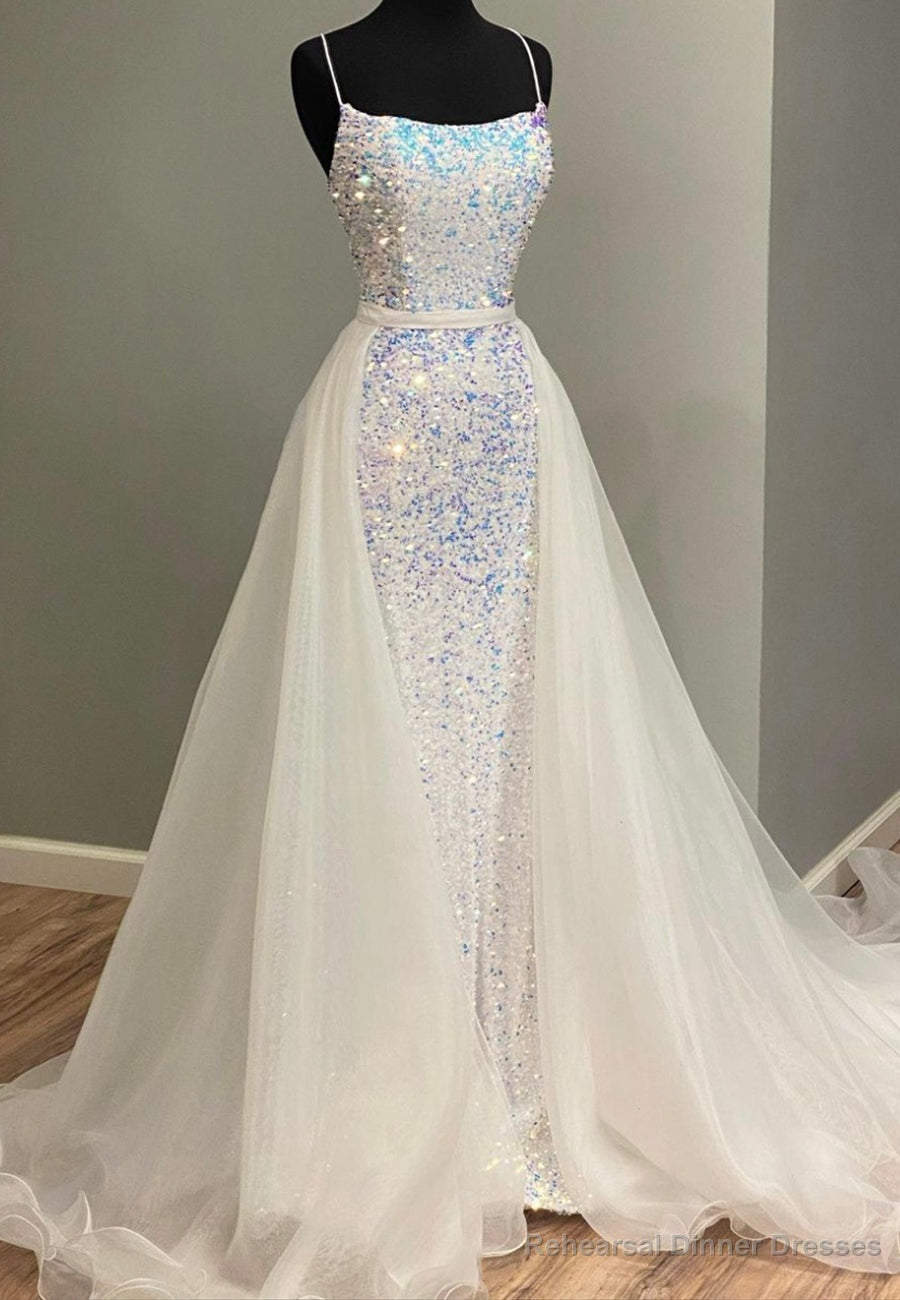 White Tulle Sequins Long Prom Dress, White Evening Dresses Main image