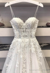 White Spaghetti Lace Long Prom Dresses, A-Line Evening Dresses