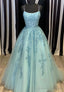 Blue Lace Long Prom Dresses, A-Line Formal Evening Dresses