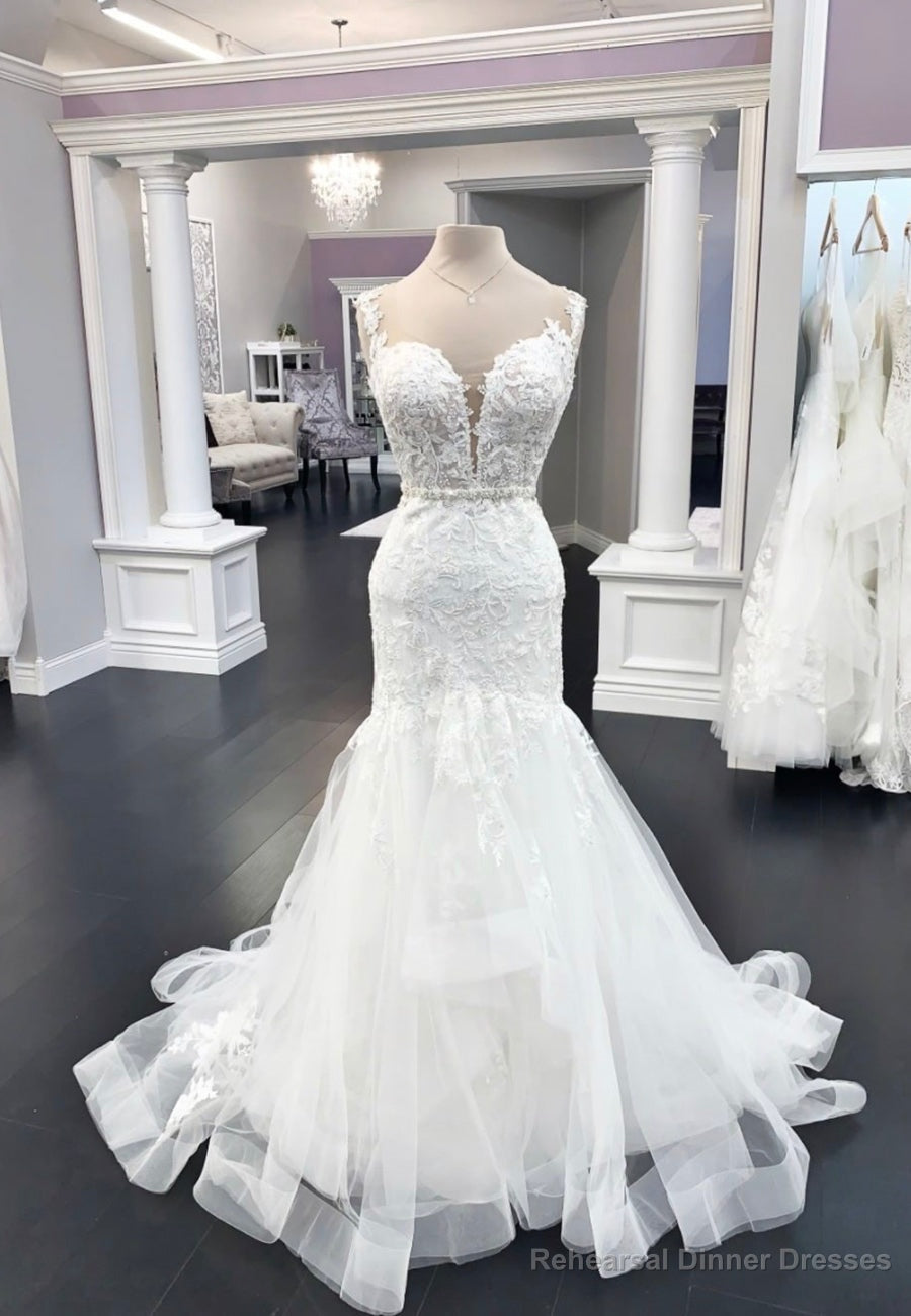 White Lace Long Prom Dresses, Mermaid Evening Dresses