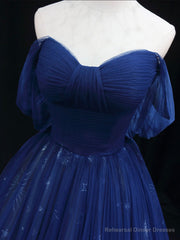 Beautiful Blue Tulle Floor Length Prom Dress, A-Line Off the Shoulder Princess Dress Evening Dress