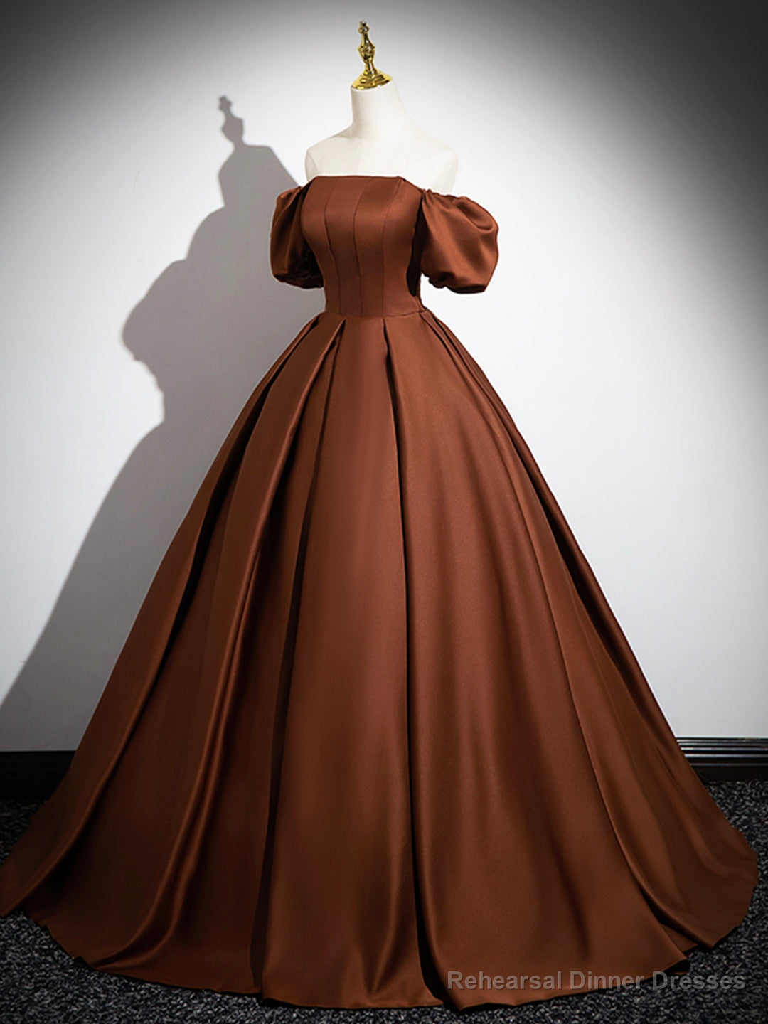 Brown Satin Floor Length Prom Dress , Off the Shoulder A-Line Evening Dress Main image