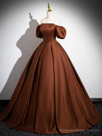 Brown Satin Floor Length Prom Dress , Off the Shoulder A-Line Evening Dress