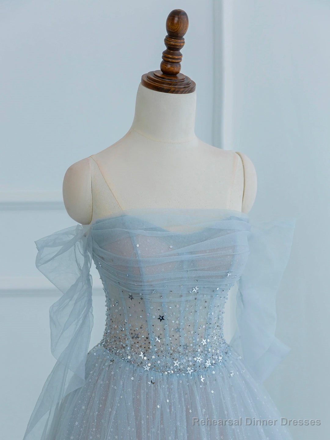 Dusty Blue Tulle Sequins Long Prom Dress, Off the Shoulder Long Sleeve Evening Party Dress Secondary image