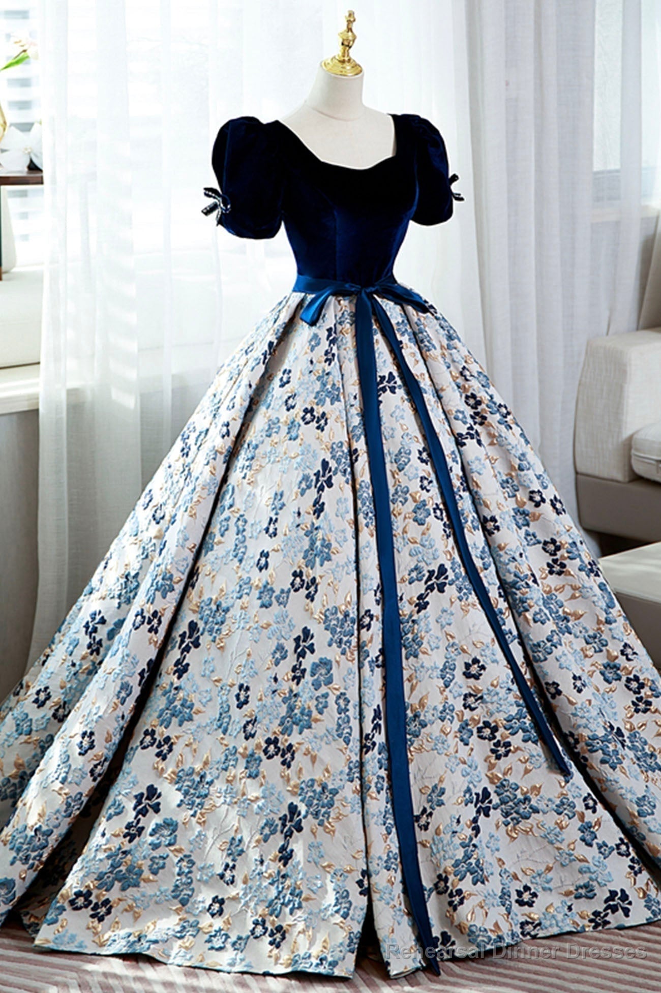 Blue Short Sleeve A-Line Floor Length Prom Dress, Blue Evening Dress