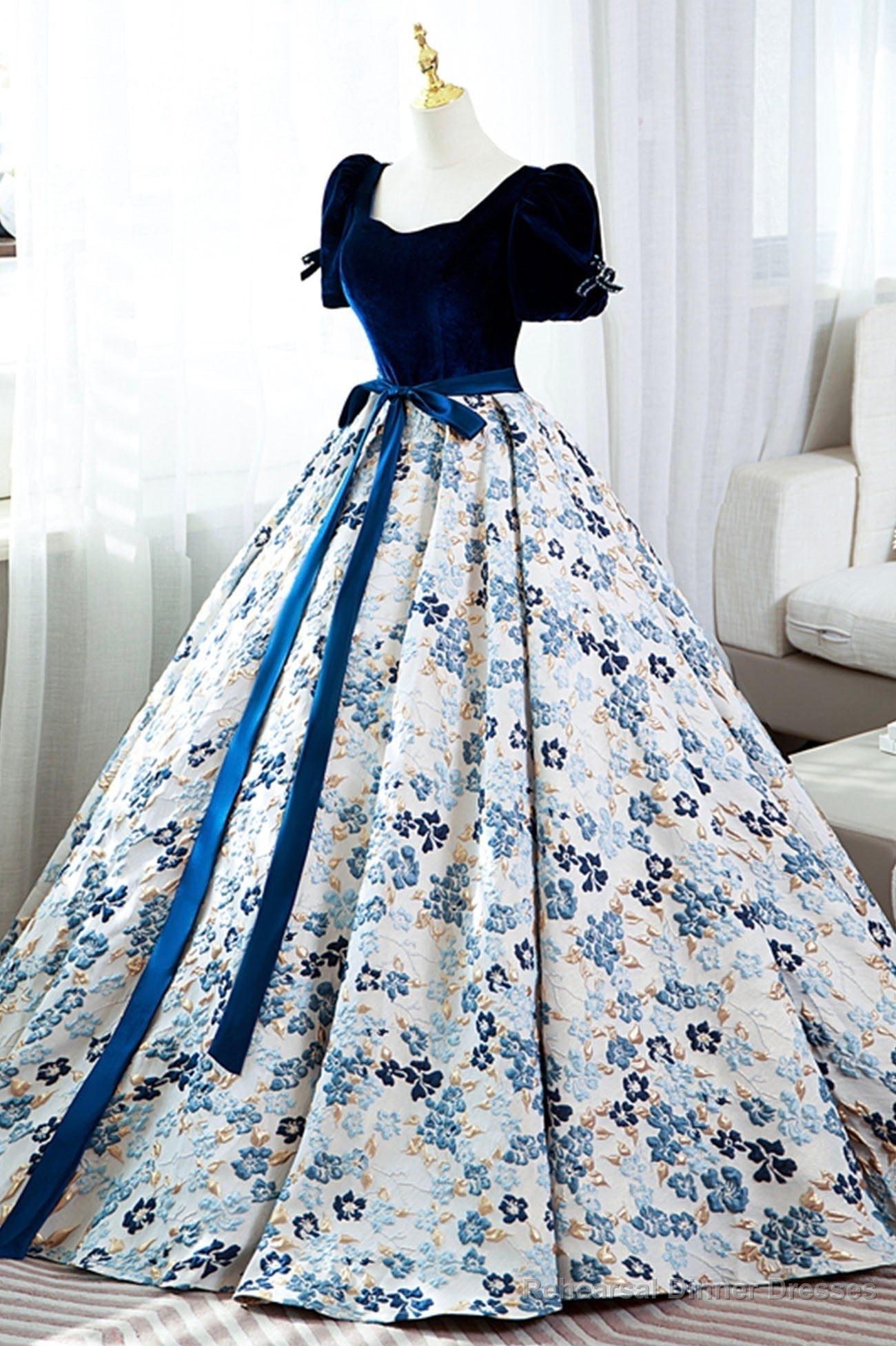 Blue Short Sleeve A-Line Floor Length Prom Dress, Blue Evening Dress Main image