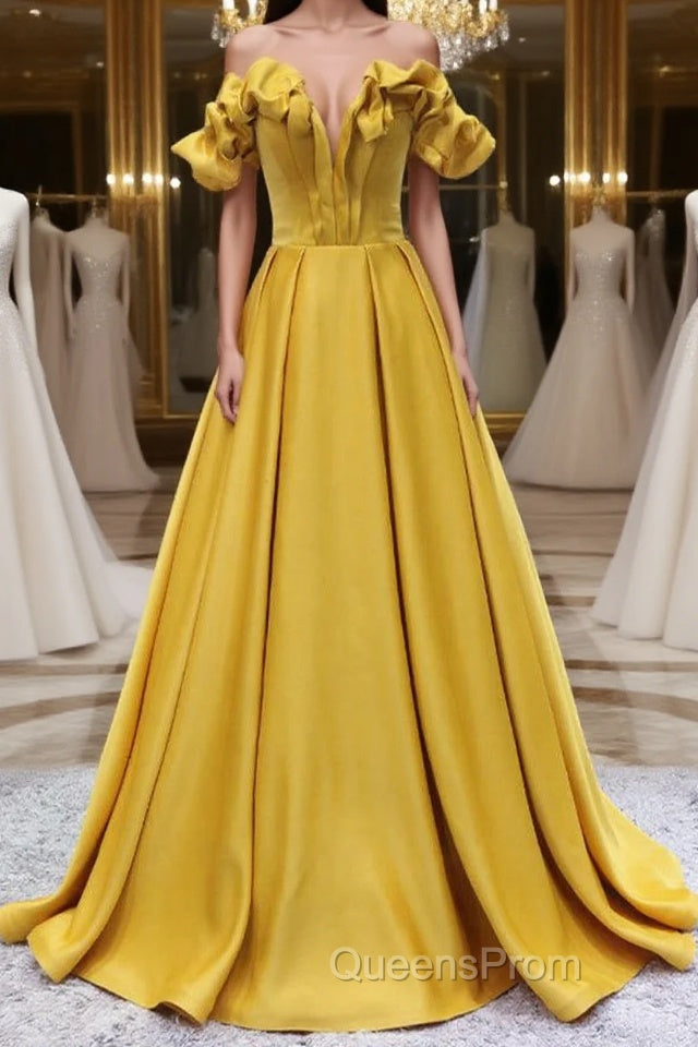 Yellow A-line Satin Long Evening Prom Dress, Yellow Formal Dress