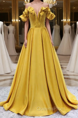 Yellow A-line Satin Long Evening Prom Dress, Yellow Formal Dress