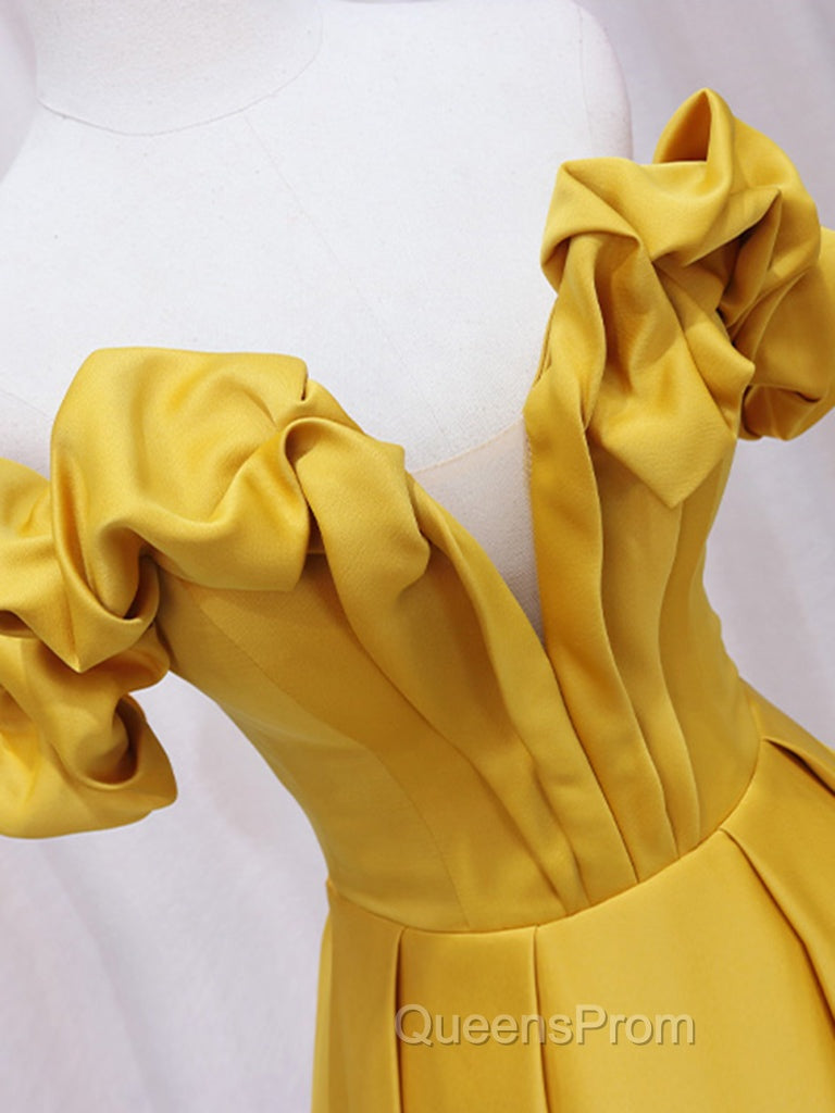 Yellow A-line Satin Long Evening Prom Dress, Yellow Formal Dress