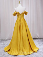 Yellow A-line Satin Long Evening Prom Dress, Yellow Formal Dress