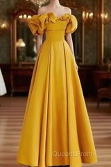 Yellow A-Line Satin Off Shoulder Long Party Dress, Yellow Formal Dress Evening Dress