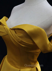 Yellow A-Line Simple Satin Off Shoulder Evening Prom Dress, Yellow Satin Formal Dress