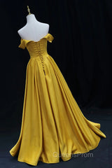 Yellow A-Line Simple Satin Off Shoulder Evening Prom Dress, Yellow Satin Formal Dress