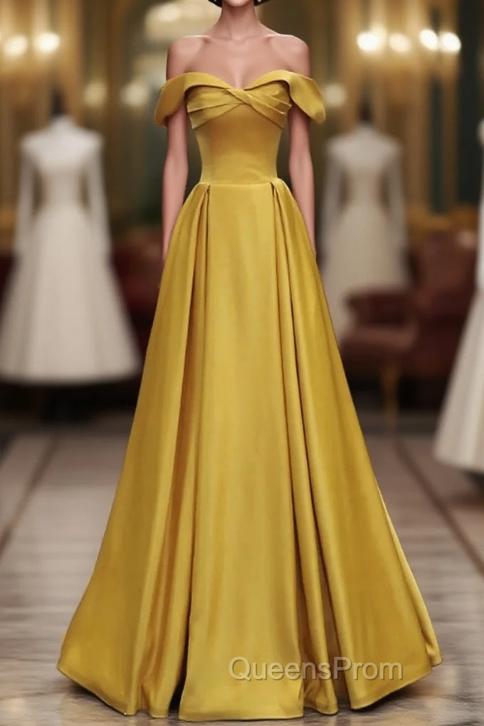 Yellow A-Line Simple Satin Off Shoulder Evening Prom Dress, Yellow Satin Formal Dress Main image
