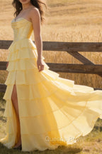 Yellow A Line Strapless Basque Waist Long Prom Dress with Tiered Ruffled Slit Skirt