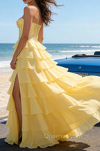 Yellow A Line Strapless Basque Waist Long Prom Dress with Tiered Ruffled Slit Skirt