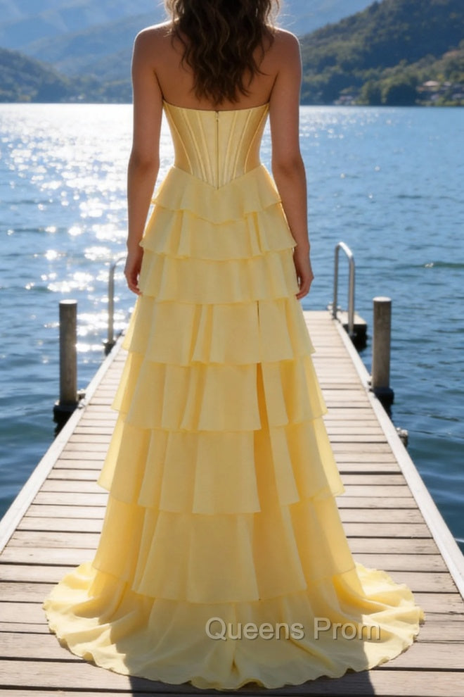 Yellow A Line Strapless Basque Waist Long Prom Dress with Tiered Ruffled Slit Skirt