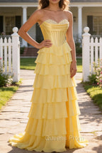 Yellow A Line Strapless Basque Waist Long Prom Dress with Tiered Ruffled Slit Skirt