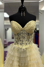 Yellow A-Line Strapless Multi-Layers Sweetheart Tulle Beaded Long Evening Prom Dress With Slit
