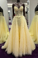 Yellow A-Line Strapless Multi-Layers Sweetheart Tulle Beaded Long Evening Prom Dress With Slit