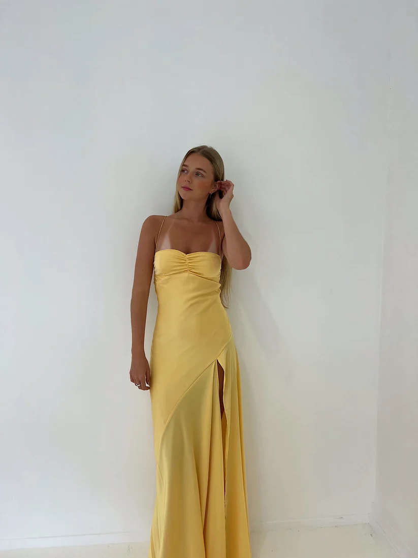 Yellow A-Line Spaghetti Straps Long Party Dress With Slit
