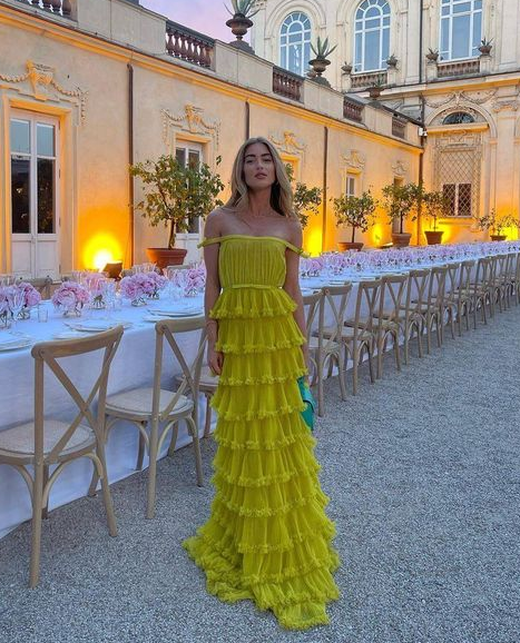 Yellow A-Line Tiered Tulle Off-The-Shoulder Long Classy Prom Party Dress Main image