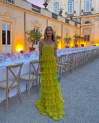 Yellow A-Line Tiered Tulle Off-The-Shoulder Long Classy Prom Party Dress