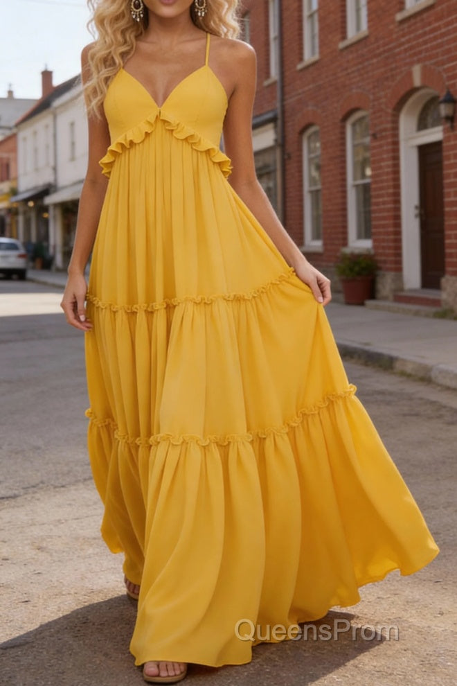 Yellow A-line V Neck Sleeveless Floor-Length Chiffon Prom Dress Long Prom Dresses Backless with Pleated Ruffles