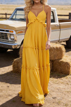 Yellow A-line V Neck Sleeveless Floor-Length Chiffon Prom Dress Long Prom Dresses Backless with Pleated Ruffles