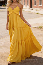 Yellow A-line V Neck Sleeveless Floor-Length Chiffon Prom Dress Long Prom Dresses Backless with Pleated Ruffles