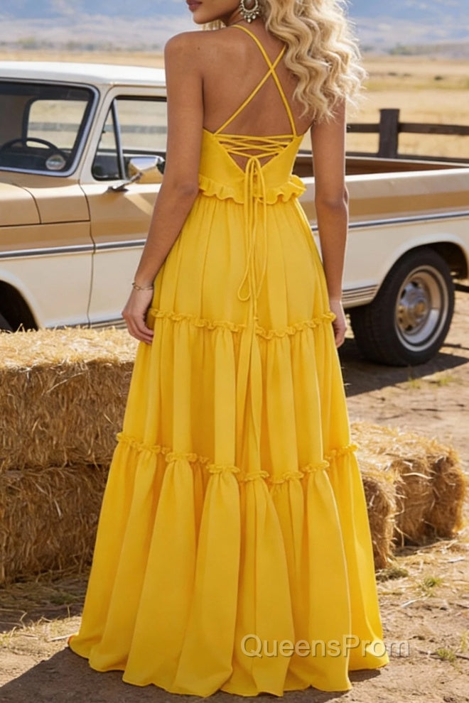 Yellow A-line V Neck Sleeveless Floor-Length Chiffon Prom Dress Long Prom Dresses Backless with Pleated Ruffles