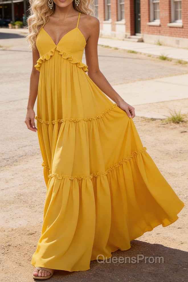 Yellow A-line V Neck Sleeveless Floor-Length Chiffon Prom Dress Long Prom Dresses Backless with Pleated Ruffles Main image