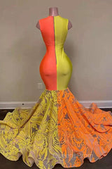 Yellow and Orange Mermaid Evening Prom Dress Lace Long On Sale