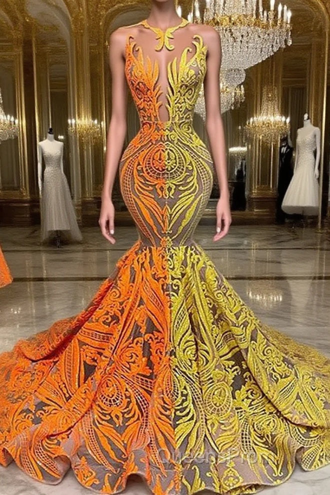 Yellow and Orange Mermaid Evening Prom Dress Lace Long On Sale Main image