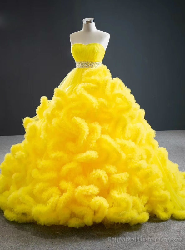 Yellow Ball Gown Tulle Ruffles Sweetheart Crystal Prom Dress Main image