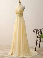 Yellow Chiffon Lace Appliques A Line Long Evening Dresses Zipper-Up