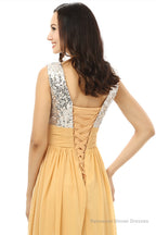 Yellow Chiffon Silver Sequins V-neck Backless Bridesmaid Dresses