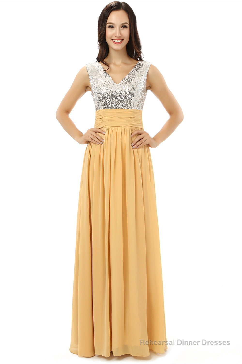 Yellow Chiffon Silver Sequins V-neck Backless Bridesmaid Dresses Main image