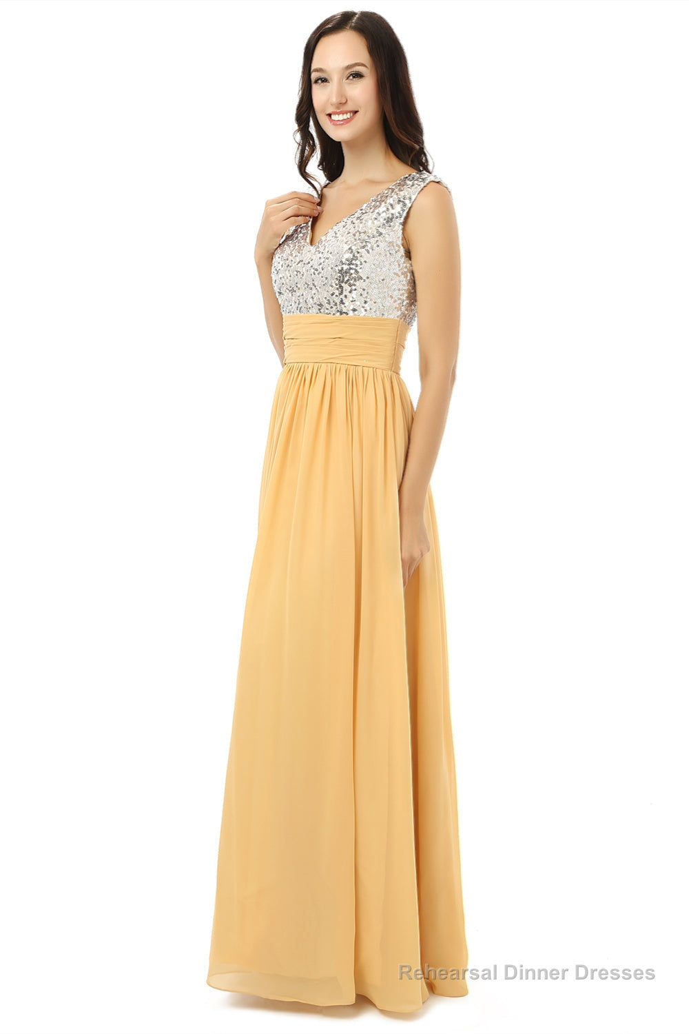 Yellow Chiffon Silver Sequins V-neck Backless Bridesmaid Dresses