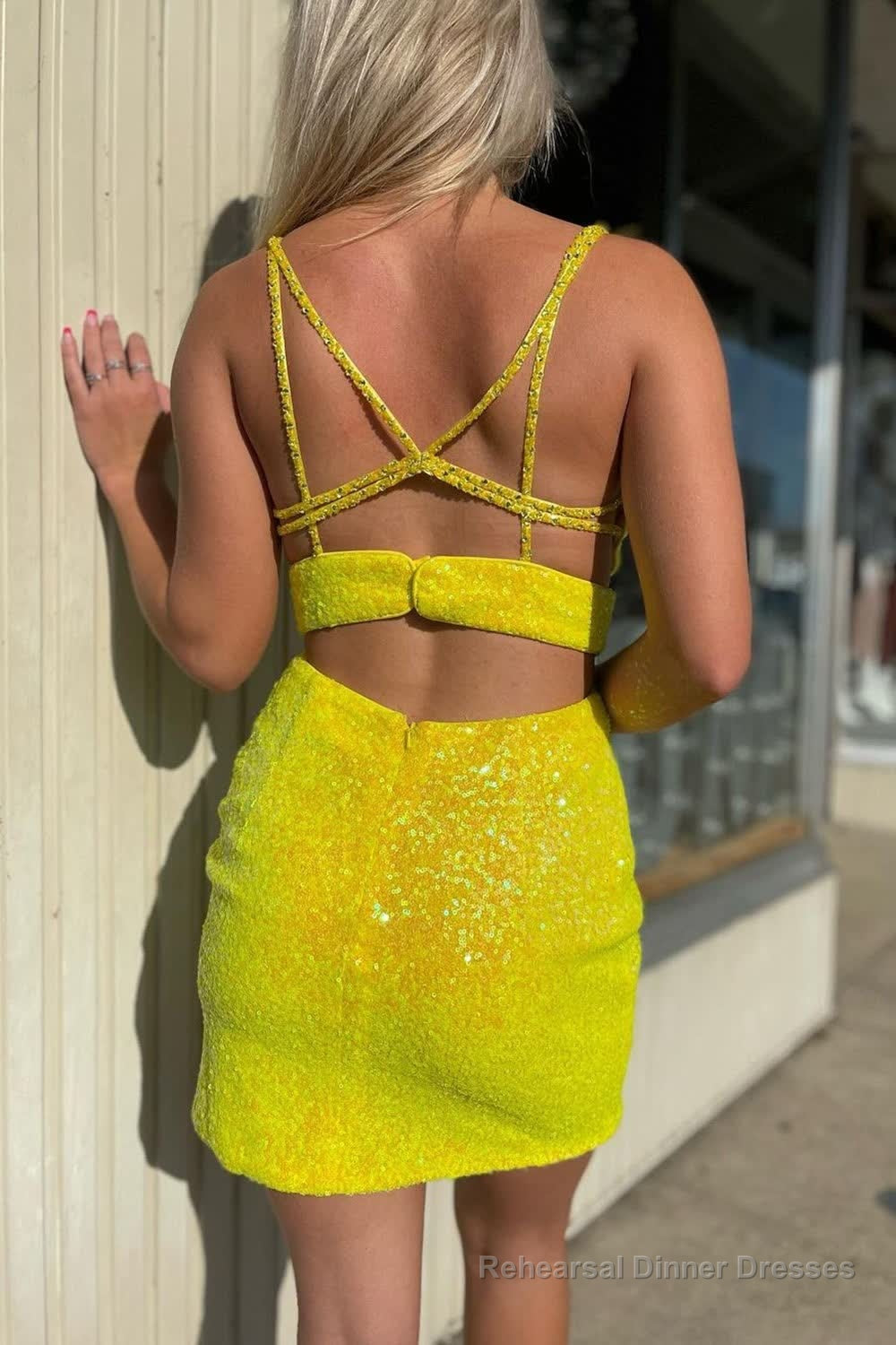 Yellow Deep V-Neck Sequins Tight Homecoming Dress Secondary image